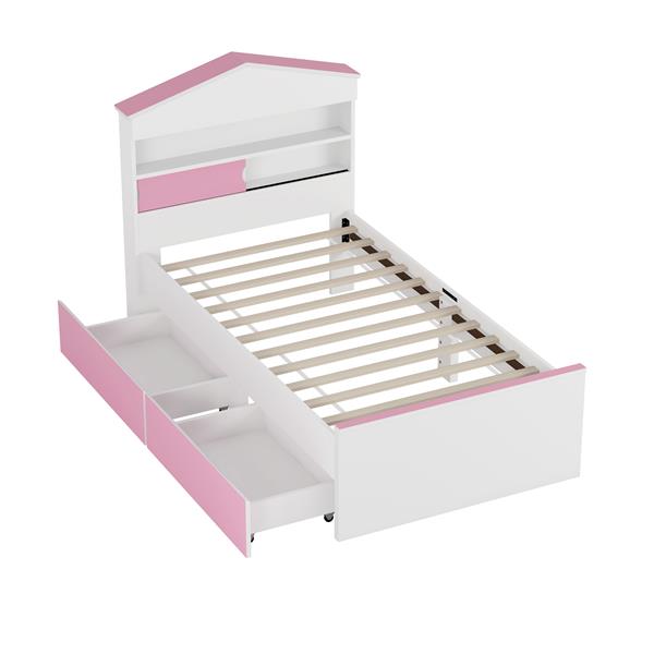 Twin Size House-Shaped Wooden Bed with Storage Shelf on the Headboard, Built-in Two Storage Drawers, Pink