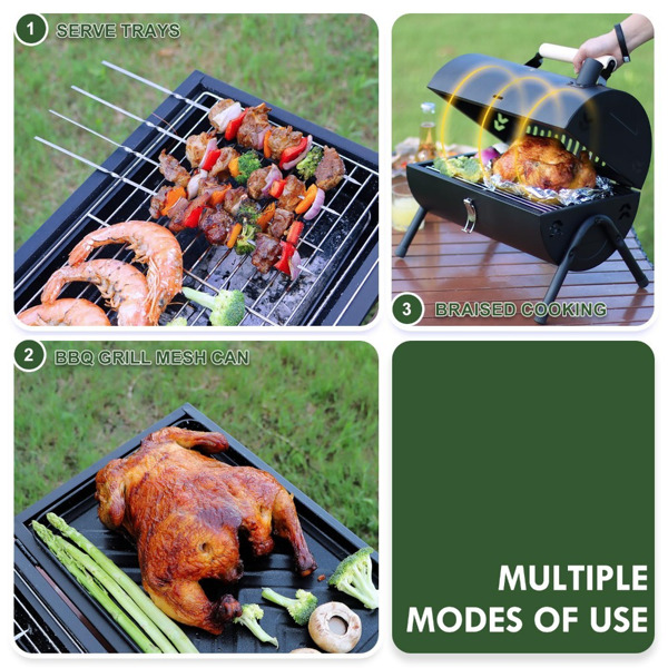 Table Top Grill Charcoal with Smoker, Double Side Use Small Charcoal Grill Portable with Grate and Fry Pan for Outdoor Camping BBQ,15.8in*11.6in*16.7in