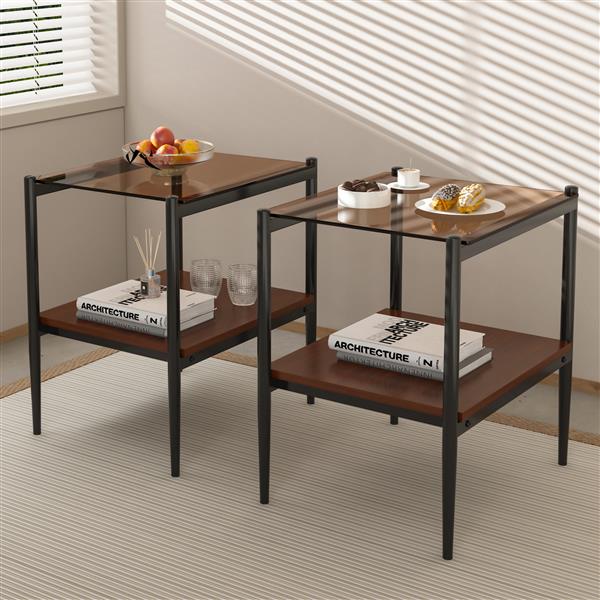 Set of 2 Rectangle End Table, Tempered Glass Tabletop with MDF layer, Modern Table for Living Room , Brown Glass