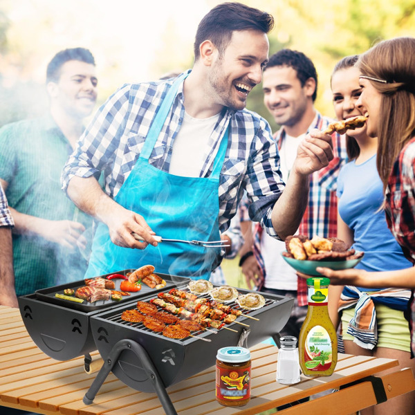 Table Top Grill Charcoal with Smoker, Double Side Use Small Charcoal Grill Portable with Grate and Fry Pan for Outdoor Camping BBQ,15.8in*11.6in*16.7in