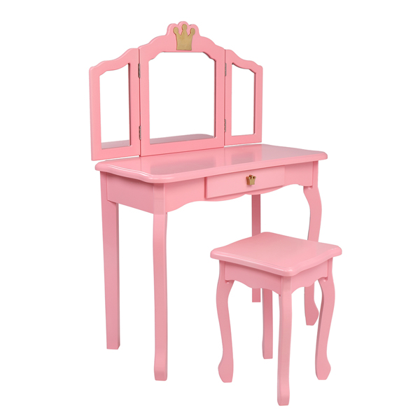 Children's Wooden Dressing Table Three-Sided Folding Mirror Dressing Table Chair Single Drawer Pink Crown Style