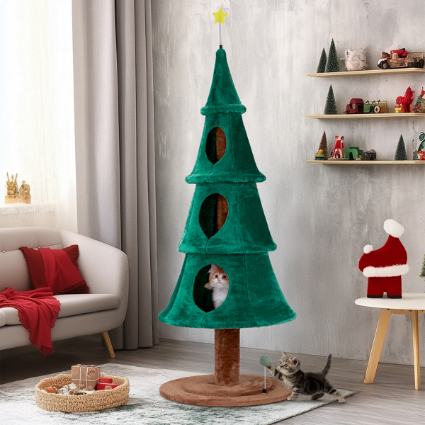 65in Large Tall Christmas Tree Cat Tower with 3 Cat Houses, Soft Fleece Cat Tree with  Teaser Toy & Sturdy Base & Built-in Openings for Indoor Cats