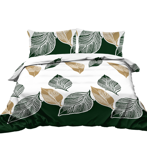 3 Pieces Green Gold Tropical Duvet Cover Set Botanical Palm Leaves Pattern Microfiber Lightweight Hawaiian Plant Bedding Set With 2 Pilowcases King Size