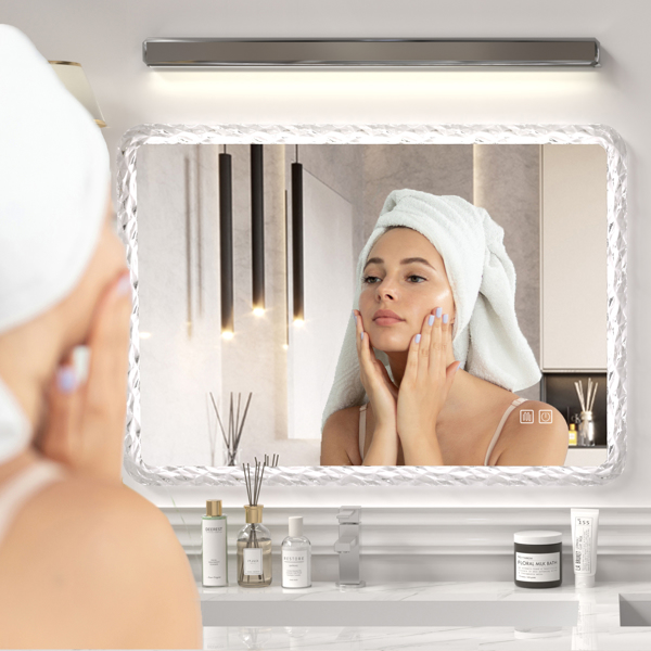 38.5X25 Inches Bathroom Mirror with LED Lights, Smart Mirror with Anti-Fog and Adjustable Brightness Function, Wall Mount Makeup Mirror with Crystal Acrylic Frame 