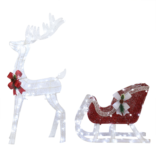 4ft Lighted Christmas Reindeer & Sleigh Outdoor Yard Decoration Set with LED Lights, Red & White