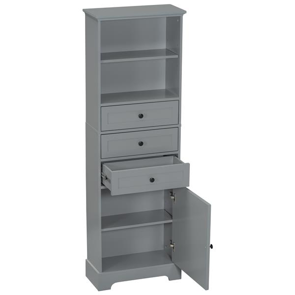 Gray Tall Storage Cabinet with 3 Drawers and Adjustable Shelves for Bathroom, Study, Office and Interior, MDF Board with Painted Finish