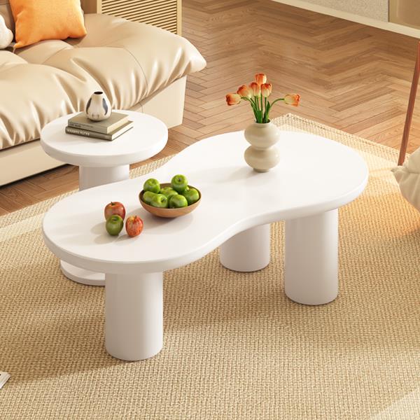 Easy Assembly Nesting Coffee Table Set of 2, Cream Style Cloud Coffee Table with Round Small Side Table,  Irregular Center Table with Thick Legs for Living Room, White, 39.3''x 13.7'',Φ15.7''