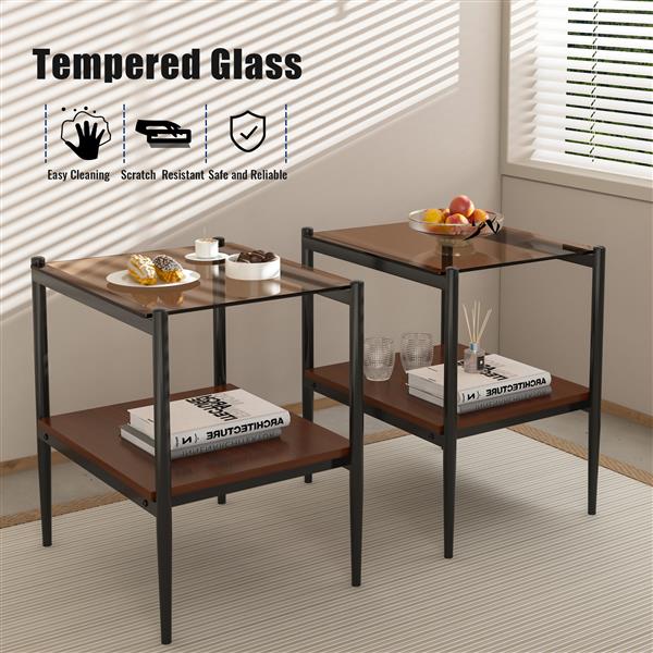 Set of 2 Rectangle End Table, Tempered Glass Tabletop with MDF layer, Modern Table for Living Room , Brown Glass