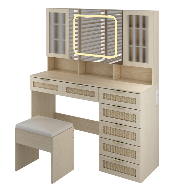 Large Vanity Table Set with LED Lighted Mirror, Vanity Desk with Charging Station, Makeup Table with Glass Doors, Drawers and Storage Shelves, Cushioned Stool for Bedroom, Natural