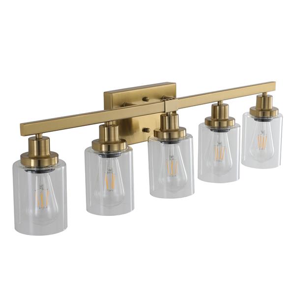 Golden 5-Light Vanity Light with Clear Glass Shades, Modern Iron Metal Bathroom Wall Fixture for Mirror, Ideal for Bathroom and Dressing Table (No Bulbs)