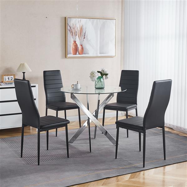 Dining Table with cross metal leg and tempered glass,Modern Space Saving Kitchen Table for Living Room,chrome legs