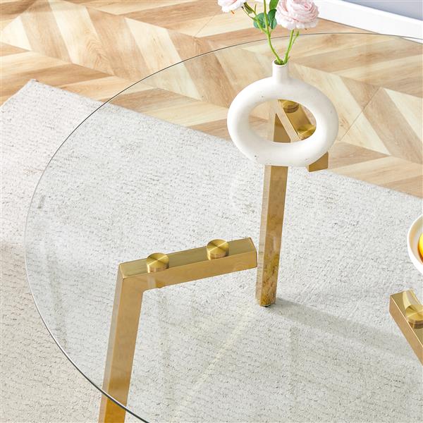 Modern Luxurious Round Tempered Glass Dining Table with Gold 7-Shaped Metal Legs,suitable for family meals, office conferences, or as a casual coffee table for various occasions.47.3*47.3*29.5