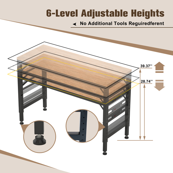 60" Adjustable Height Workbench,  Rubber Wood Top Heavy duty Workstation with Power Outlets, over 2000 Lbs Capacity Hardwood Worktable for Workshop, Garage, Office, Home