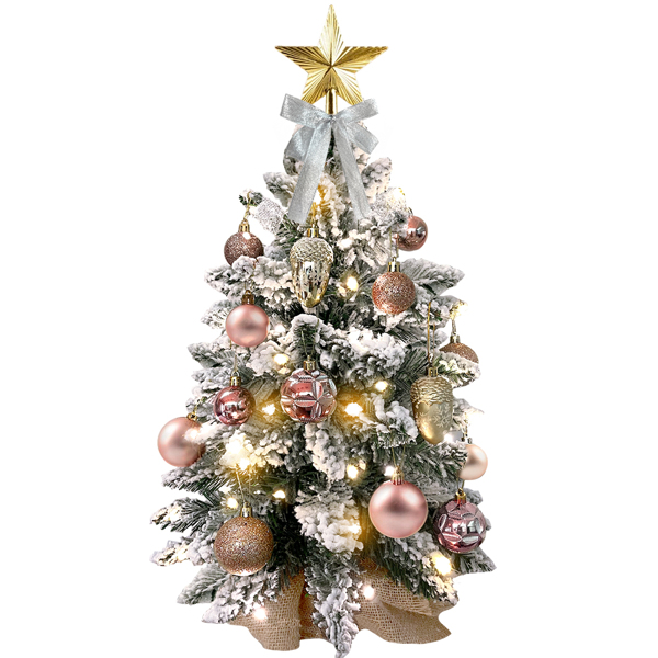 22in Mini Christmas Tree with Lights, Rose Gold Artificial Small Tabletop Christmas Tree with Flocked Snow, Exquisite Decor & Xmas Decorations for Table Top for Home & Office