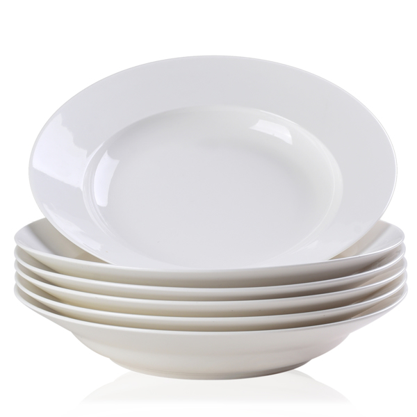 White Dinner Plates Set of 6, 9.5 Inch Salad Serving Modern Round Dishes - Dishwasher, Microwave, Oven Safe, Scratch Resistant, Smooth Glaze