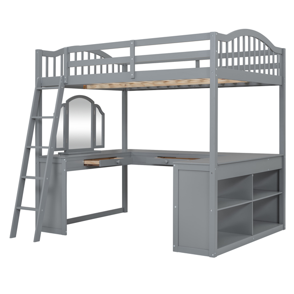 Full Wooden Loft Bed with U-shaped Desk,Storage Compartments and Tri-fold Mirror, Gray 