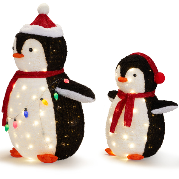 2-Piece Lighted Plush Penguins Christmas Yard Decorations, Set of 2 Pre-lit Pull Up Penguins with 150 Warm White LEDs, Multi-color Light String and Stakes for Xmas Outdoor Holiday Indoor Decor