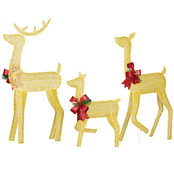 3-Piece Lighted Christmas Reindeer Family Set Outdoor Decorations, Weather Proof 2D Deer Family Set of 3 Christmas Ornament Home Decor Pre-lit 200 LED Warm White Lights with Stakes, Golden