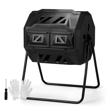 Outdoor Compost Tumbler Dual Chamber, Outdoor Tumbling Composter Dual Rotating Batch Compost Bin, 42 Gallon, Black 