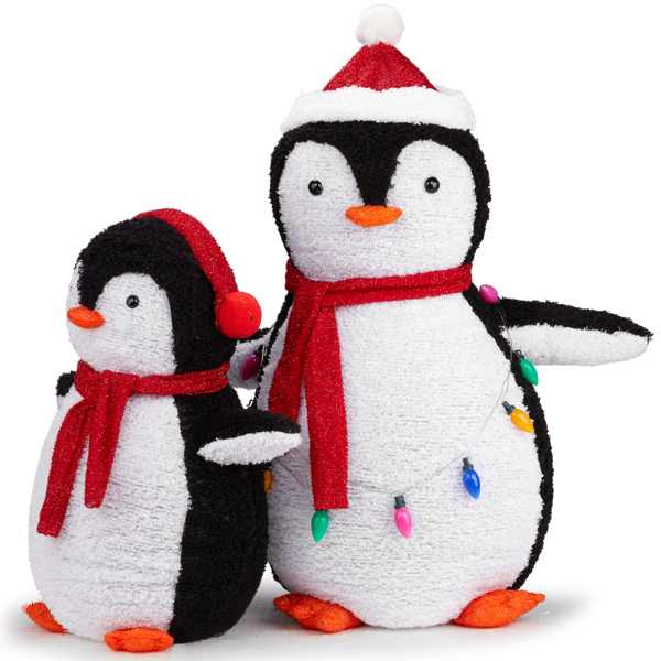 2-Piece Lighted Plush Penguins Christmas Yard Decorations, Set of 2 Pre-lit Pull Up Penguins with 150 Warm White LEDs, Multi-color Light String and Stakes for Xmas Outdoor Holiday Indoor Decor