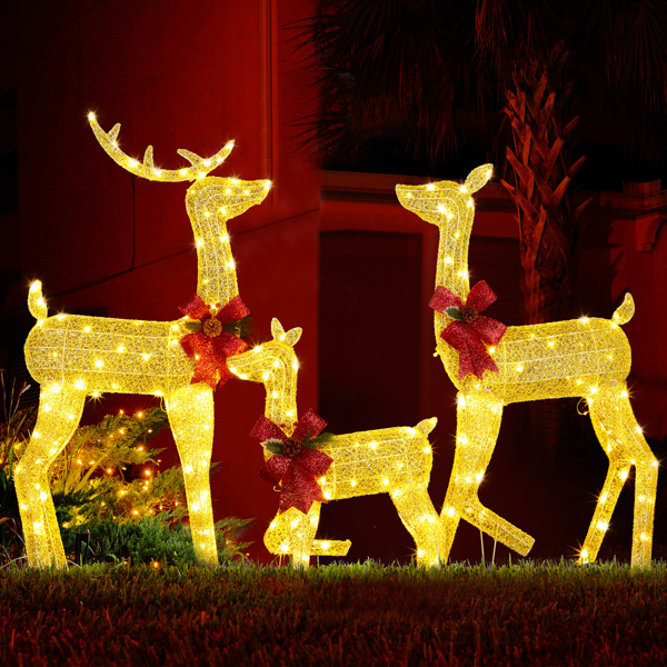 3-Piece Lighted Christmas Reindeer Family Set Outdoor Decorations, Weather Proof 2D Deer Family Set of 3 Christmas Ornament Home Decor Pre-lit 200 LED Warm White Lights with Stakes, Golden