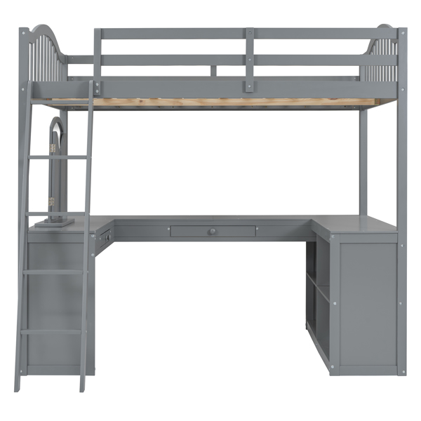 Full Wooden Loft Bed with U-shaped Desk,Storage Compartments and Tri-fold Mirror, Gray 