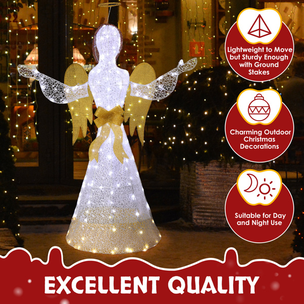 4.5FT Lighted Christmas Angel Outdoor Decoration, Weather Proof Angel with Wings Christmas Ornament Home Decor Pre-lit 200 LED White Lights with Stakes