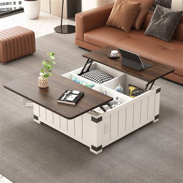 Farmhouse Lift Top Coffee Table with Storage, Wood Square Center Table with Charging Station&USB Ports, Living Room Central Table 4 grids Large Hidden Space, for Living Room, Bedroom, Home Office