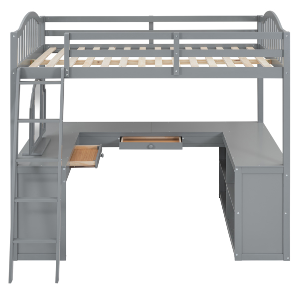 Full Wooden Loft Bed with U-shaped Desk,Storage Compartments and Tri-fold Mirror, Gray 