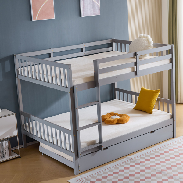 Full Size Bunk Bed with Trundle Bed, with Ladder and Safety Rails Pinewood Bunk Bed Gray