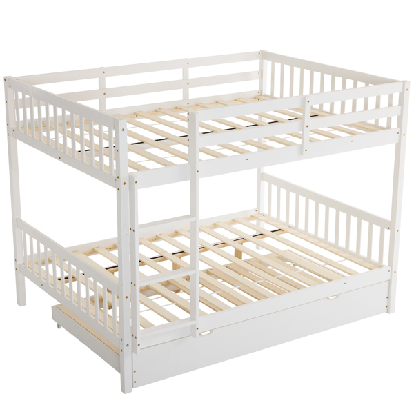 Full Size Bunk Bed with Trundle Bed, with Ladder and Safety Rails Pinewood Bunk Bed White