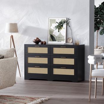 Breite Rattan Kommode, Schubladenkommode mit 6 Schubladen, 120x40x77 cm Highboard Tv Schrank, Landhausstil Sideboard Flur & Komodenschrank für Schlafzimmer Wohnzimmer (Schwarz)