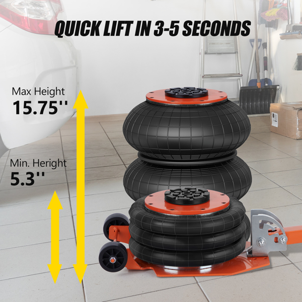  Air Jack, 3 Ton/6600 lbs Triple Bag Air Jack, Air Bag Jack Lift Up to 15.75 Inch, 3-5S Fast Lifting Air Bag Jack for Cars with Adjustable Long Handle