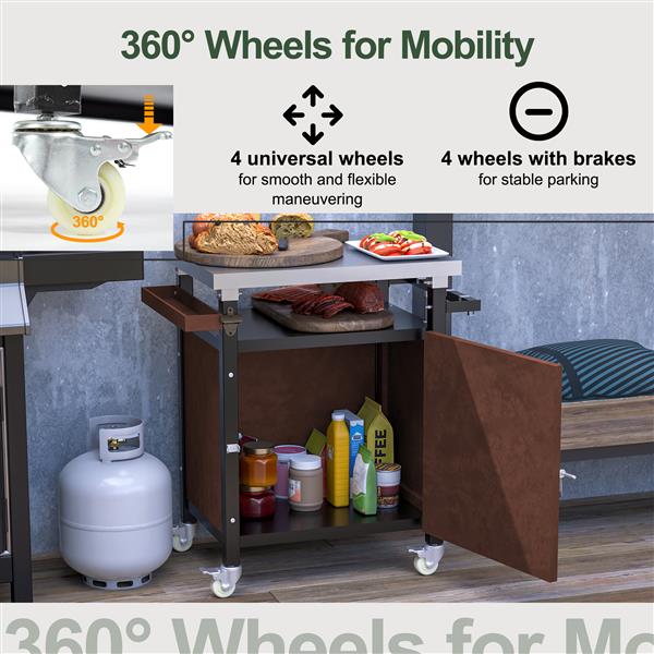 Outdoor Grill Cart with Stainless Steel Tabletop, Storage, Patio Kitchen Island with Wheels, Hooks, and Spice Rack, Waterproof Outdoor Grill Table, Movable BBQ Serving Cart Rolling Bar Cart