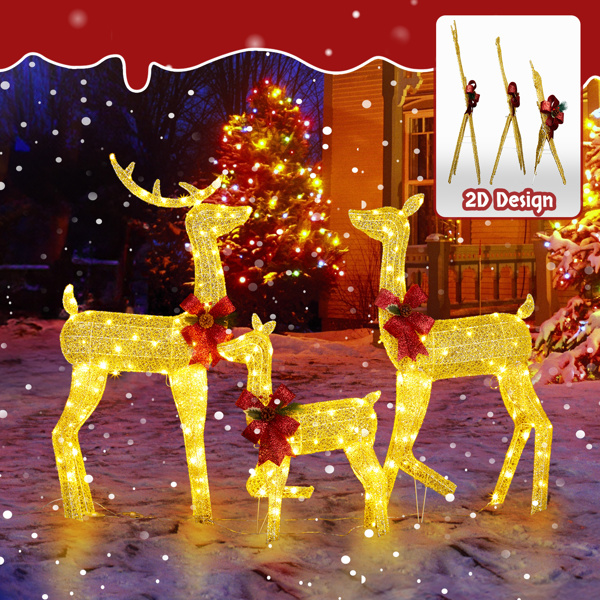 3-Piece Lighted Christmas Reindeer Family Set Outdoor Decorations, Weather Proof 2D Deer Family Set of 3 Christmas Ornament Home Decor Pre-lit 200 LED Warm White Lights with Stakes, Golden