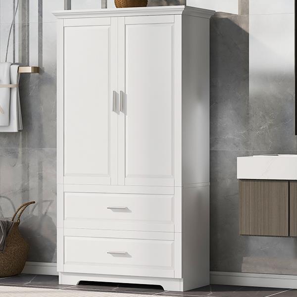 Tall Bathroom Storage Cabinet, Cabinet with Two Doors and Drawers, Adjustable Shelf, MDF Board, White