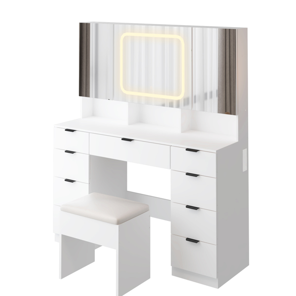 Large Vanity Table Set with 3 Opening Mirrors and LED Lights, Vanity Table with Full Storage Behind Mirror, Makeup Table with Drawers and Storage Shelves, Cushioned Stool for Bedroom, White