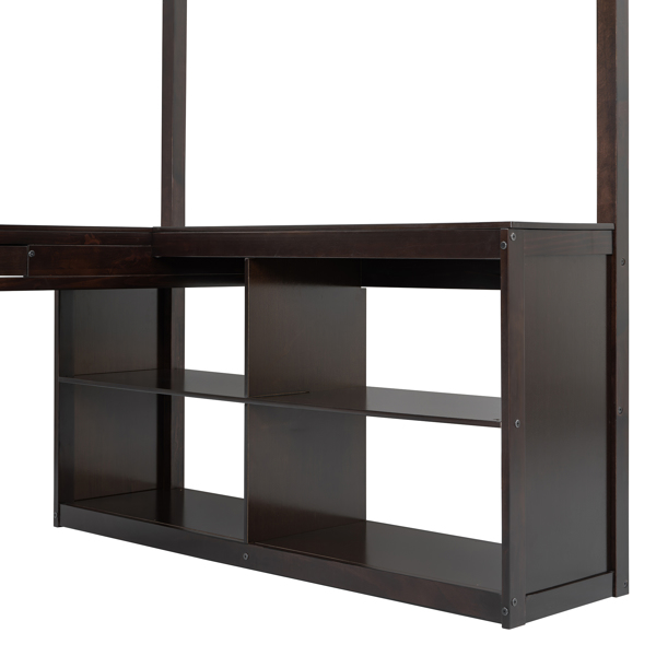 Full Wooden Loft Bed with U-shaped Desk,Storage Compartments and Tri-fold Mirror, Espresso 