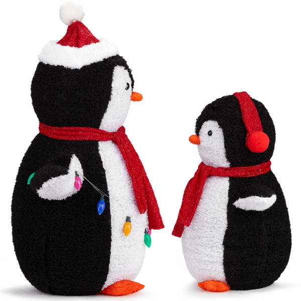 2-Piece Lighted Plush Penguins Christmas Yard Decorations, Set of 2 Pre-lit Pull Up Penguins with 150 Warm White LEDs, Multi-color Light String and Stakes for Xmas Outdoor Holiday Indoor Decor