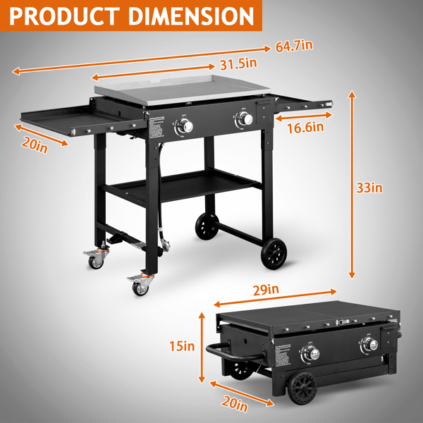 Foldable 2-Burner Flat Top Gas Griddle Cooking Station, Propane Fuelled Griddle Station with Side Shelves for Outdoor Barbecue Backyard Cookout