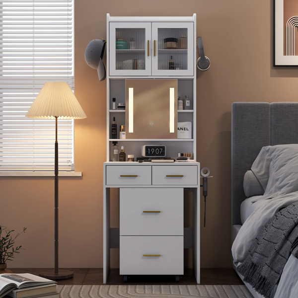 Small Vanity Desk with Sliding Mirror and LED Lights, Makeup Table with Charging Station and Storage Shelves for Small Space, Compact Mini Corner Vanity Set with Hidden Storage Stool for Bedroom