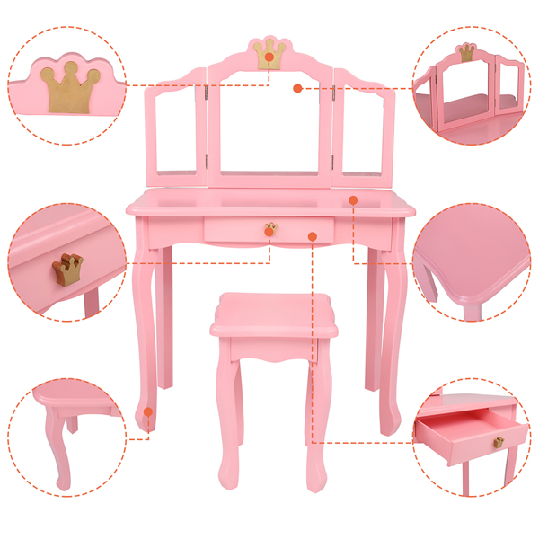 Children's Wooden Dressing Table Three-Sided Folding Mirror Dressing Table Chair Single Drawer Pink Crown Style