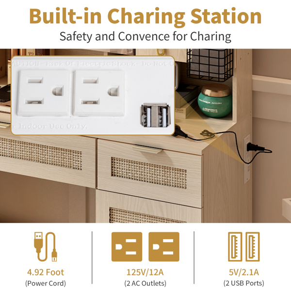 Large Vanity Table Set with LED Lighted Mirror and 2 DIY Pegboards, 5 Hooks, Vanity Desk with Charging Station, Makeup Table with Drawers, Storage Shelves and Cabinets, Cushioned Stool for Bedroom