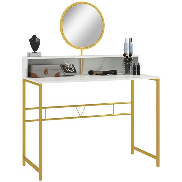 Modern Vanity Makeup Desk with Mirror, Dressing Table with Open Storage, Faux Marble Finish and Steel Frame for Bedroom, White and Gold