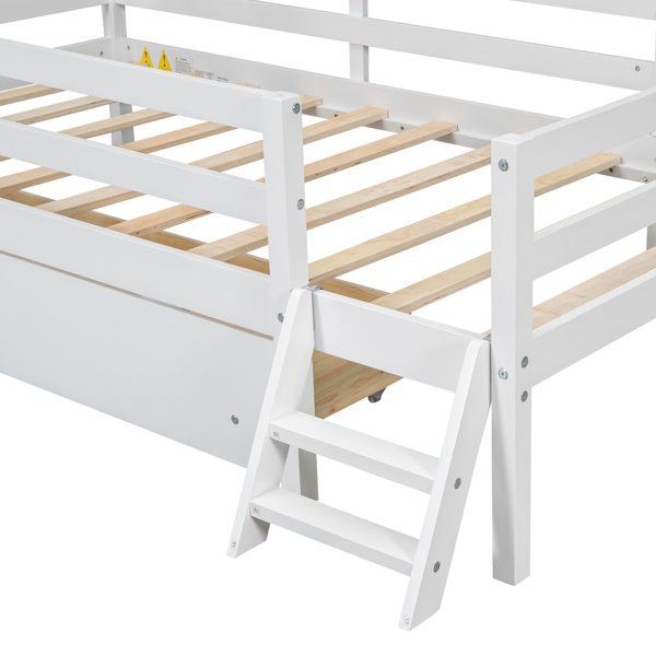 Wood Twin Size House Platform Bed with Guardrail and Drawer, White 