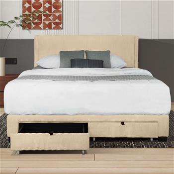 BEIGE QUEEN SIZE BED IN CORDUROY WITH WING DESIGN, PERFECT FOR ANY DECOR. TWO DRAWERS PROVIDE AMPLE STORAGE; IDEAL FOR BEDROOM COMFORT! NO BOX SPRING NEEDED; MATTRESS NOT INCLUDED.