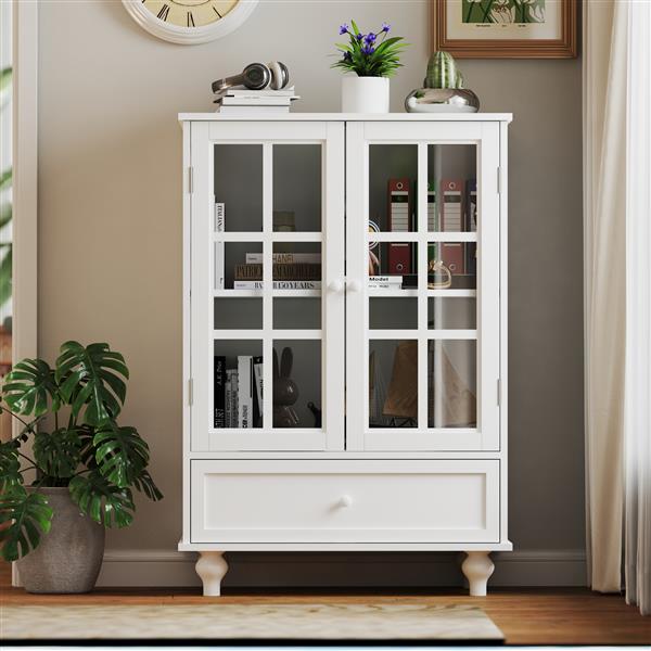 Minimalist White Buffet Cabinet with Double Glass Doors and Drawer, Modern Wooden Storage Sideboard Cupboard for Living room, Dining Room Hallway Entryway