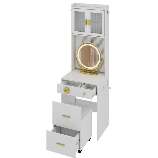 Small Vanity Desk with Mirror and LED Lights, Makeup Table with Charging Station and drawers and Storage Shelves for Small Space, Compact Mini Corner Vanity Set with Hidden Storage Stool for Bedroom