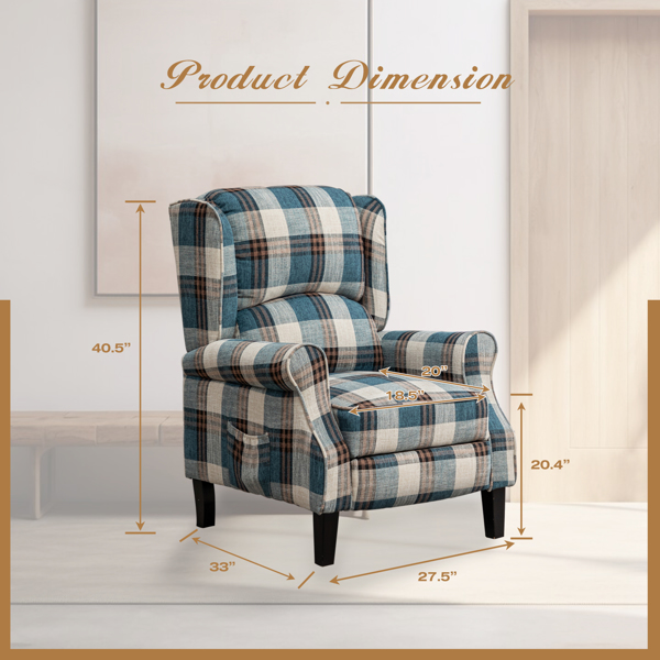 Vintage Armchair Sofa Comfortable Upholstered leisure chair / Recliner Chair for Living Room, Blue Check