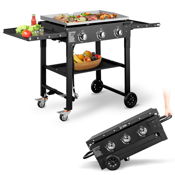 Foldable 3-Burner Flat Top Gas Griddle Cooking Station, Propane Fuelled Griddle Station with Side Shelves for Outdoor Barbecue Backyard Cookout